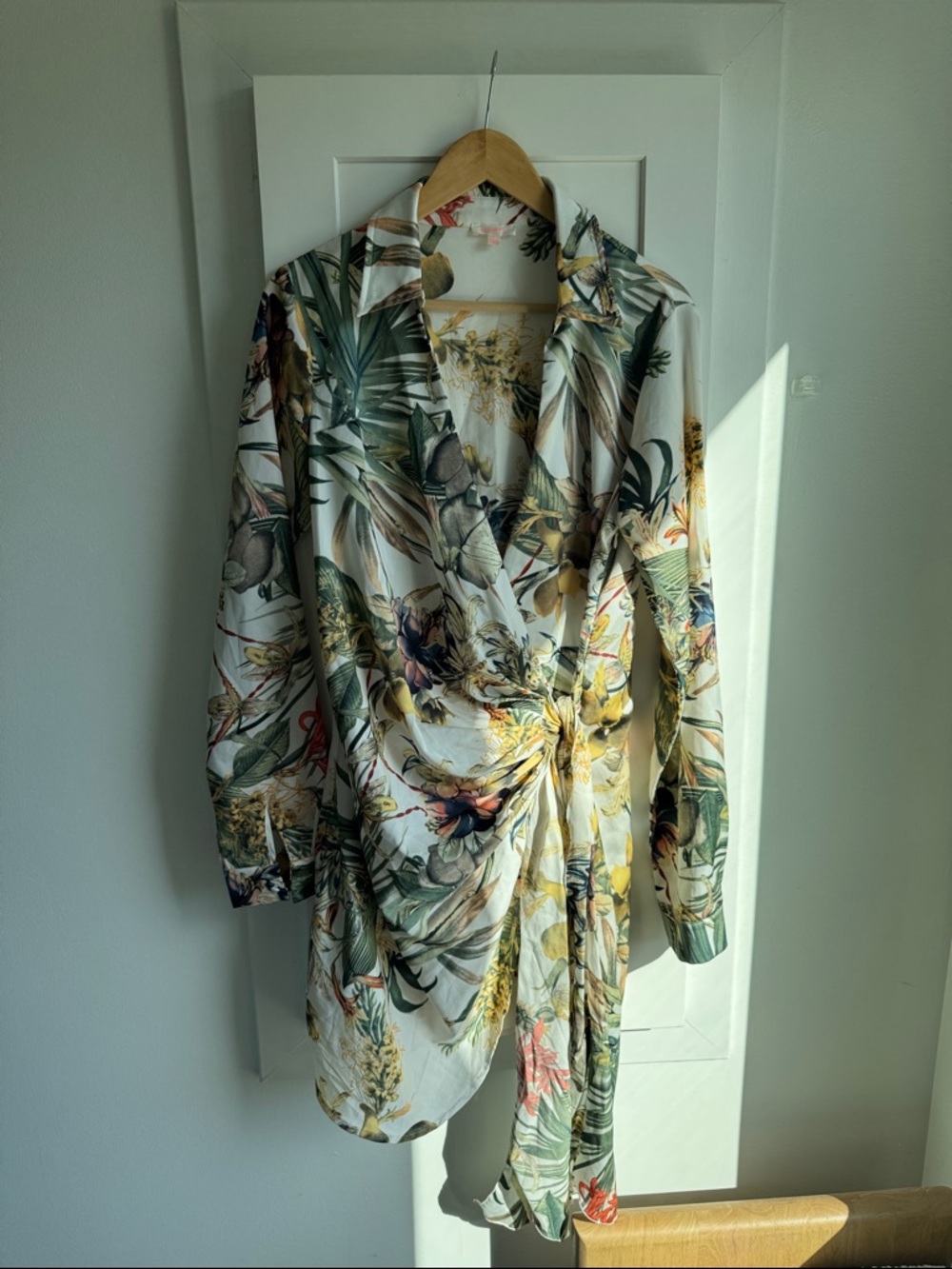 Vici Tropical Floral Wrap Dress in White, Green, Yellow - Picture 11 of 12